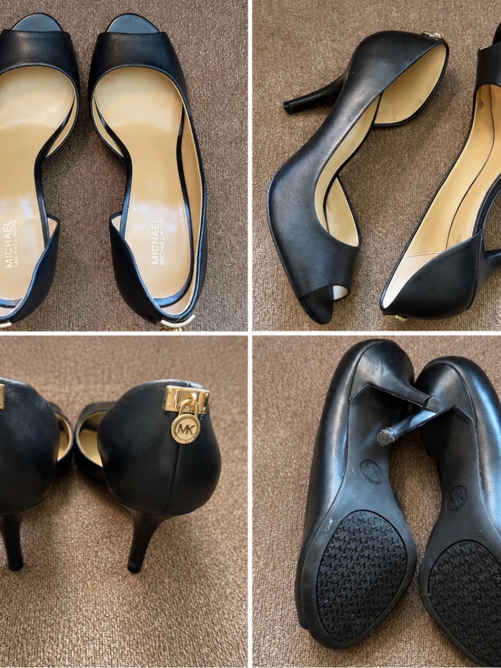 Michael Kors Black Leather Peep-Toe D'Orsay Heels with MK Charm